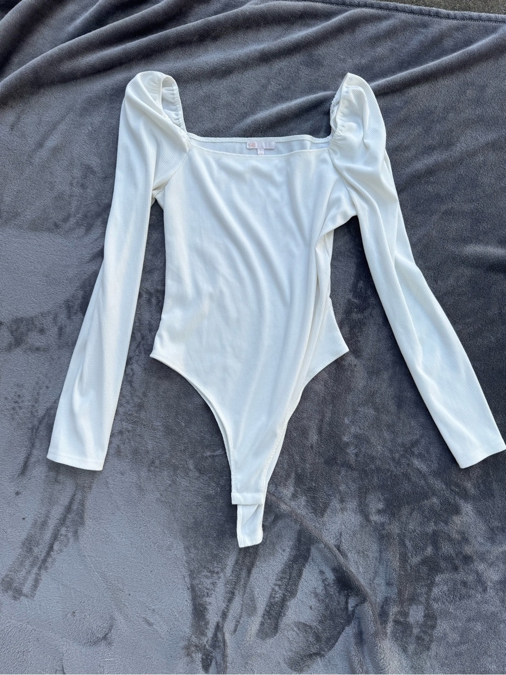 Gianni Bini White Square Neck Long-Sleeve Puff Shoulder Bodysuit